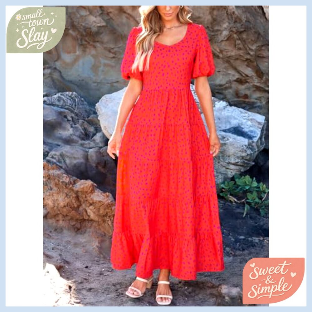 Puff Sleeve Tiered Maxi Dress Flowy Wedding Guest Maternity - Picture 6 of 7